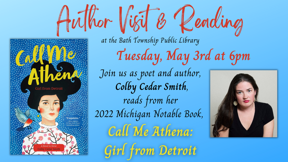 Author Visit & Reading  Colby Smith book Call Me Athena. Tuesday May 3 at 6 pm. 
